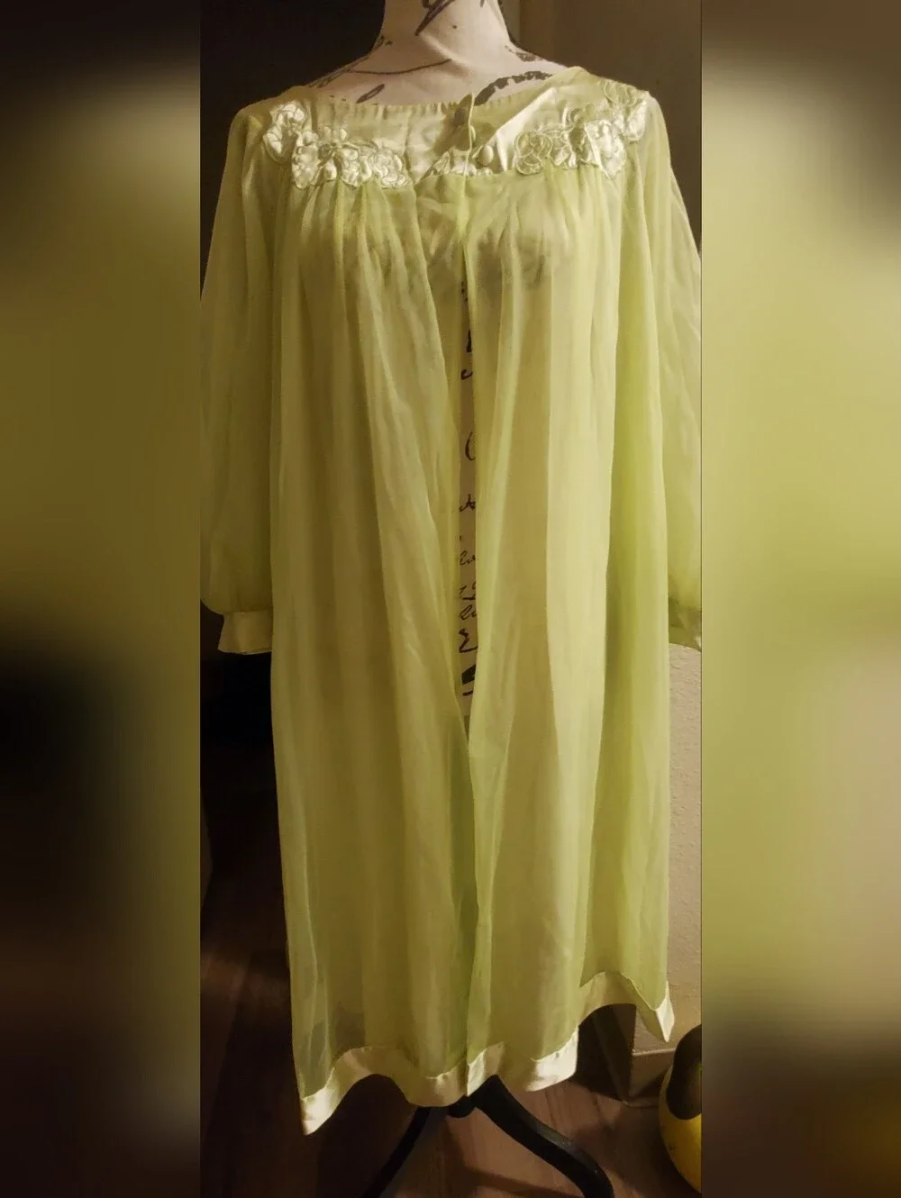 Sheer Light Green Women's Robe with Floral Yoke